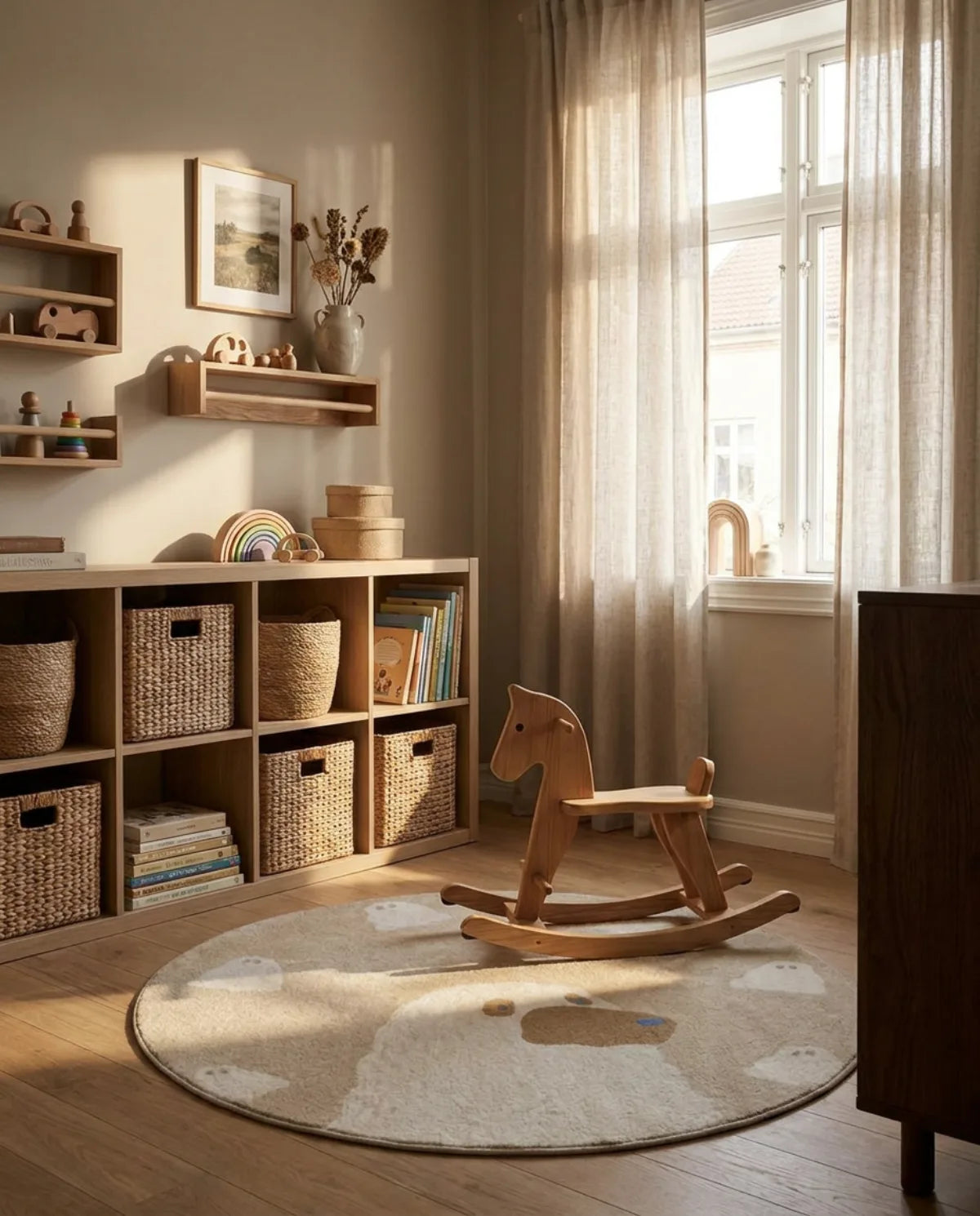 Tapis rond enfant ours nuages dans une chambre d'enfant, cheval à bascule posé dessus