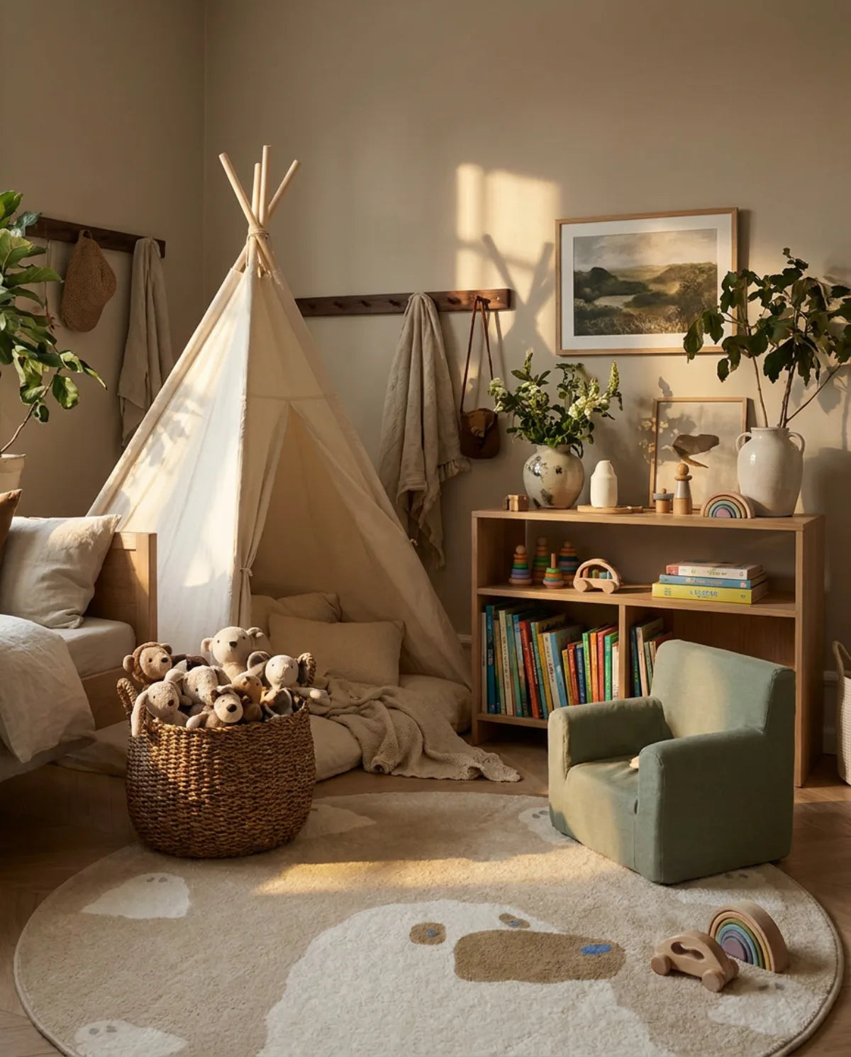 Tapis rond enfant ours nuages dans un coin lecture avec tipi et fauteuil enfant
