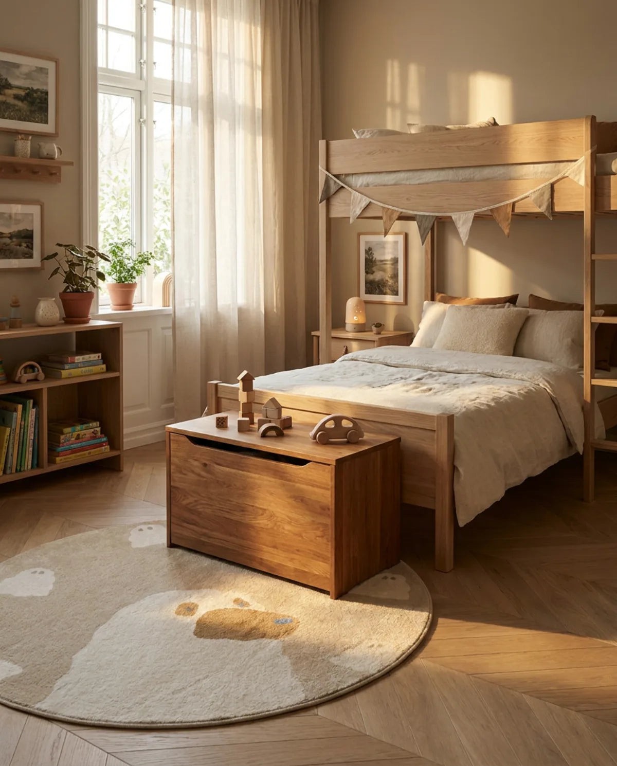 Tapis rond enfant ours nuages au pied d'un lit cabane, coffre à jouets posé dessus