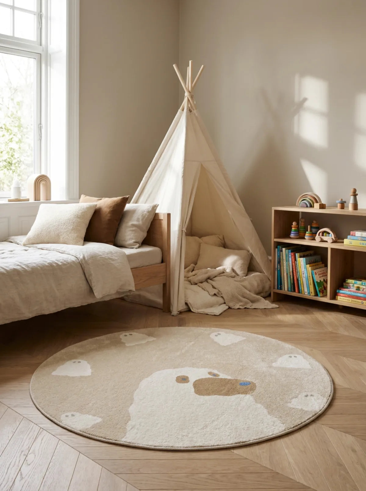 Tapis rond enfant ours nuages dans une chambre d'enfant