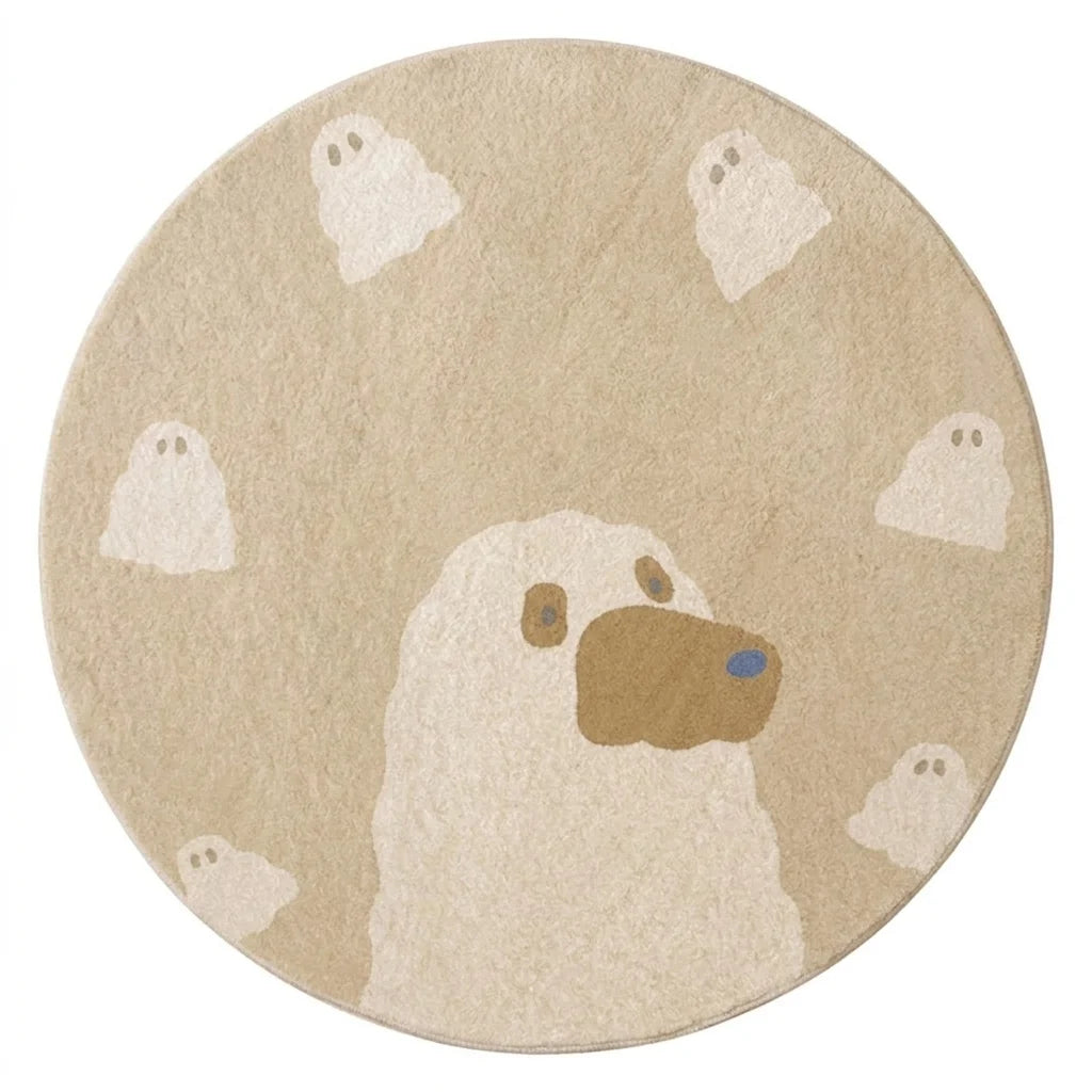 Vue studio du tapis rond enfant ours nuages sur fond blanc, motif net cartoon kawaii
