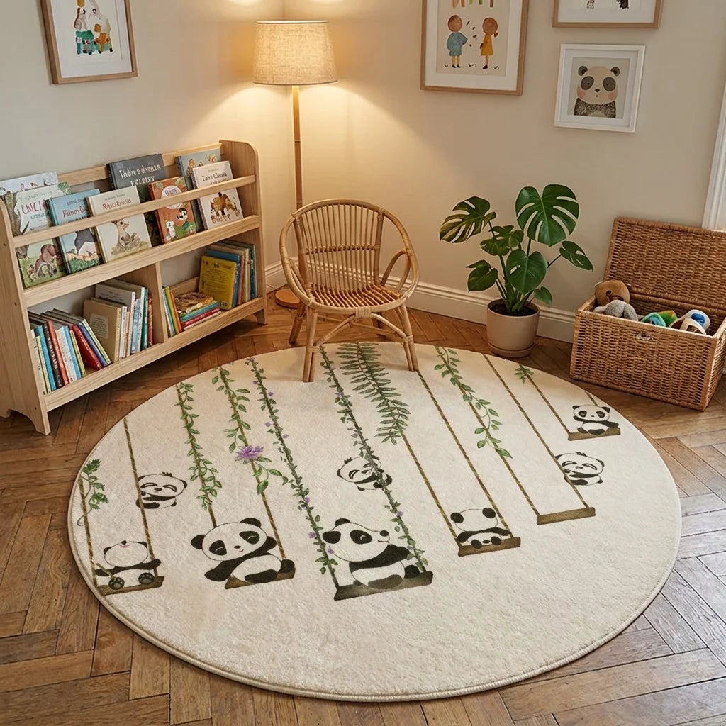 Tapis rond enfant pandas bambou dans un coin lecture avec bibliothèque basse et fauteuil rotin