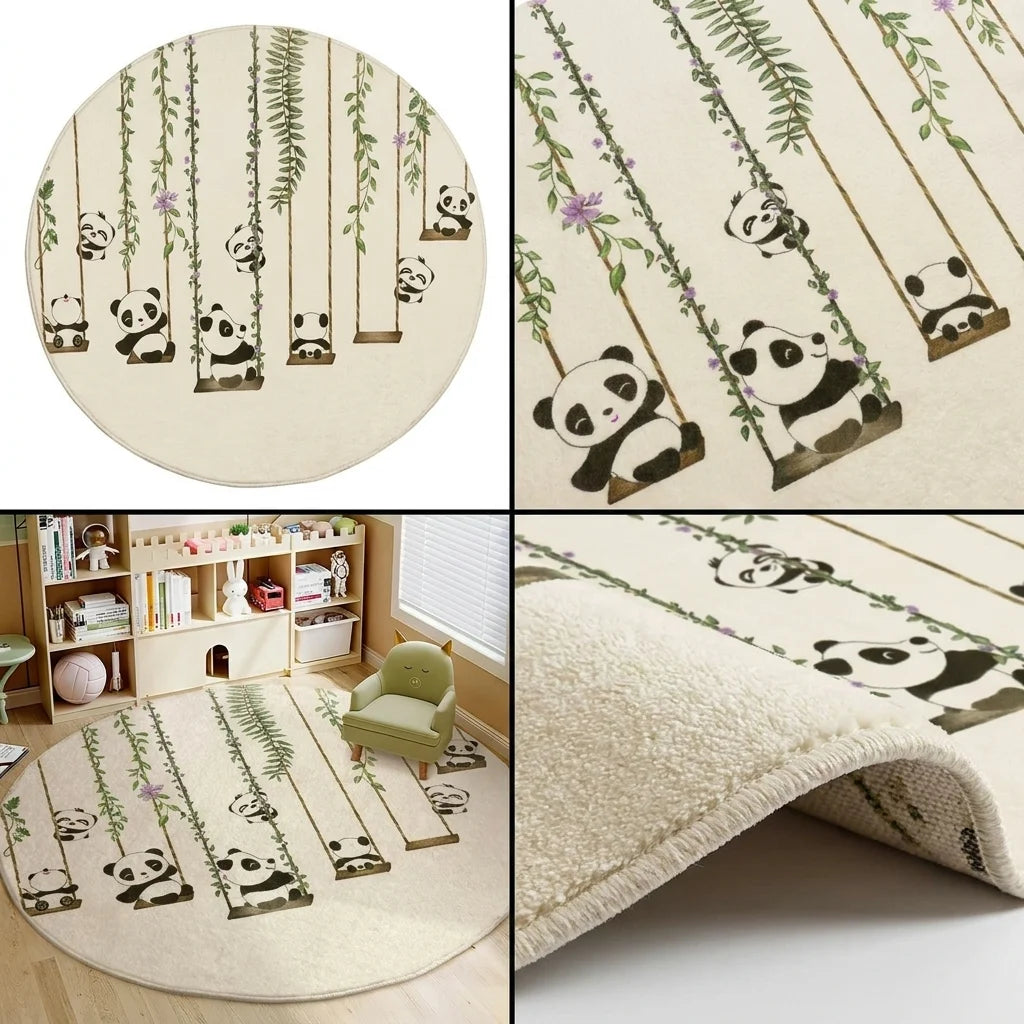 Composition de quatre vues du tapis rond enfant pandas bambou : studio, motif, scène, texture