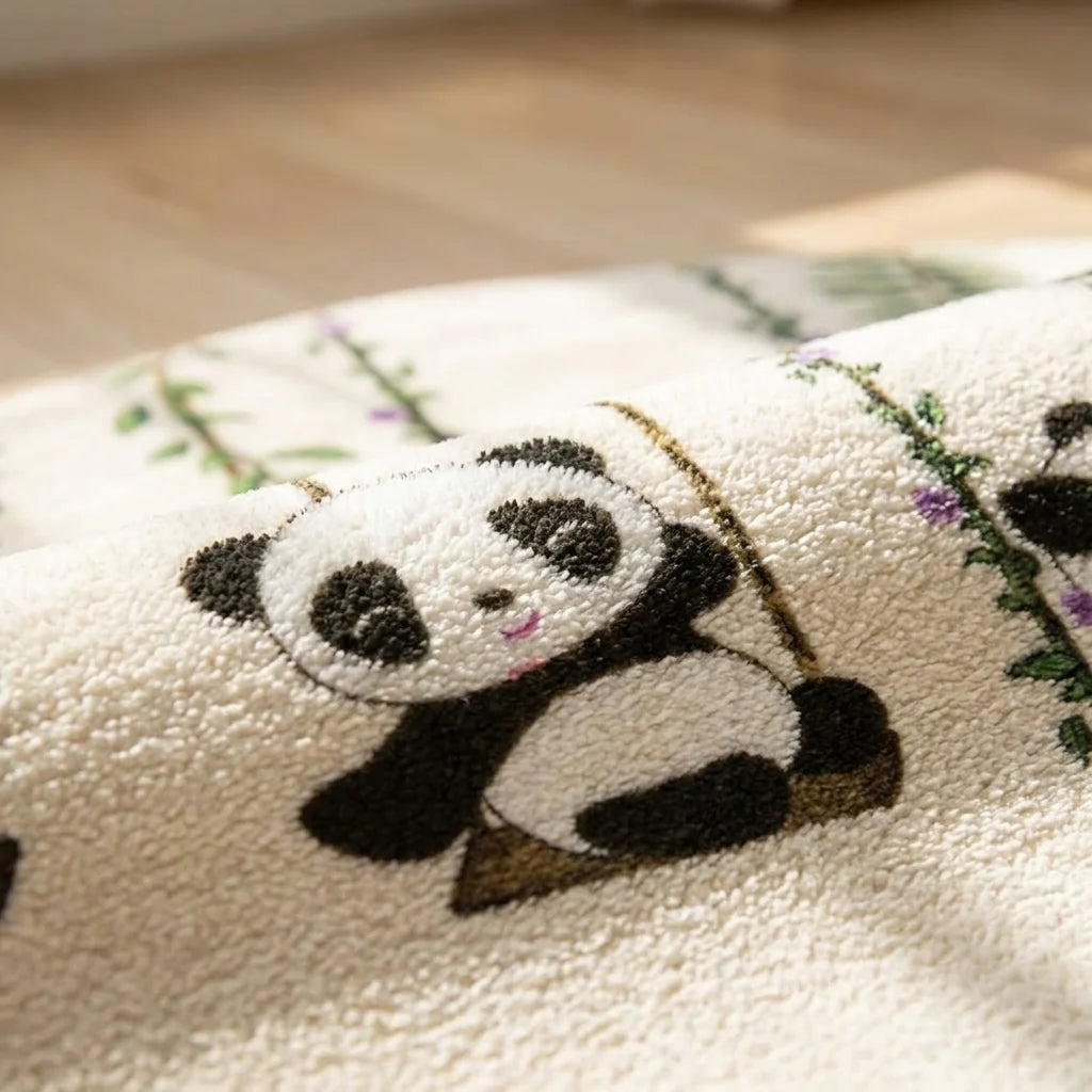 Macro de la peluche du tapis rond enfant pandas bambou, détail du motif et de la texture