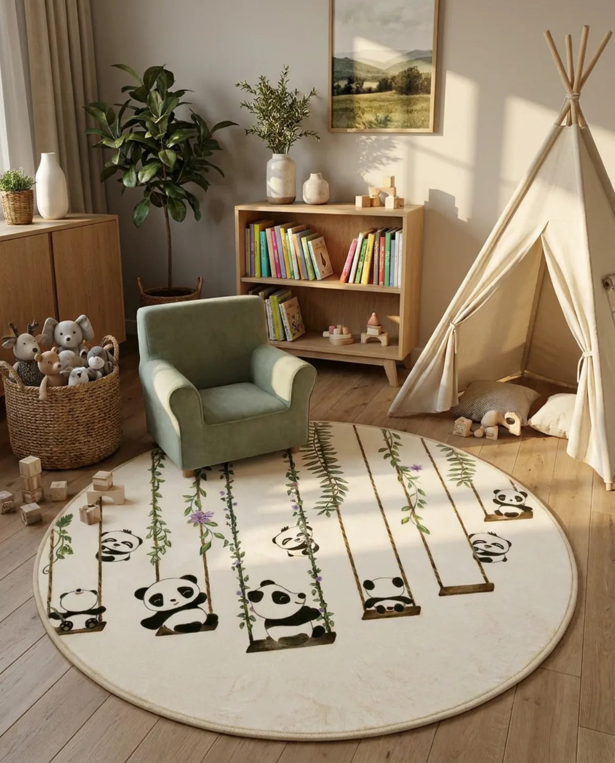 Tapis rond enfant pandas bambou dans un coin lecture avec tipi et fauteuil enfant