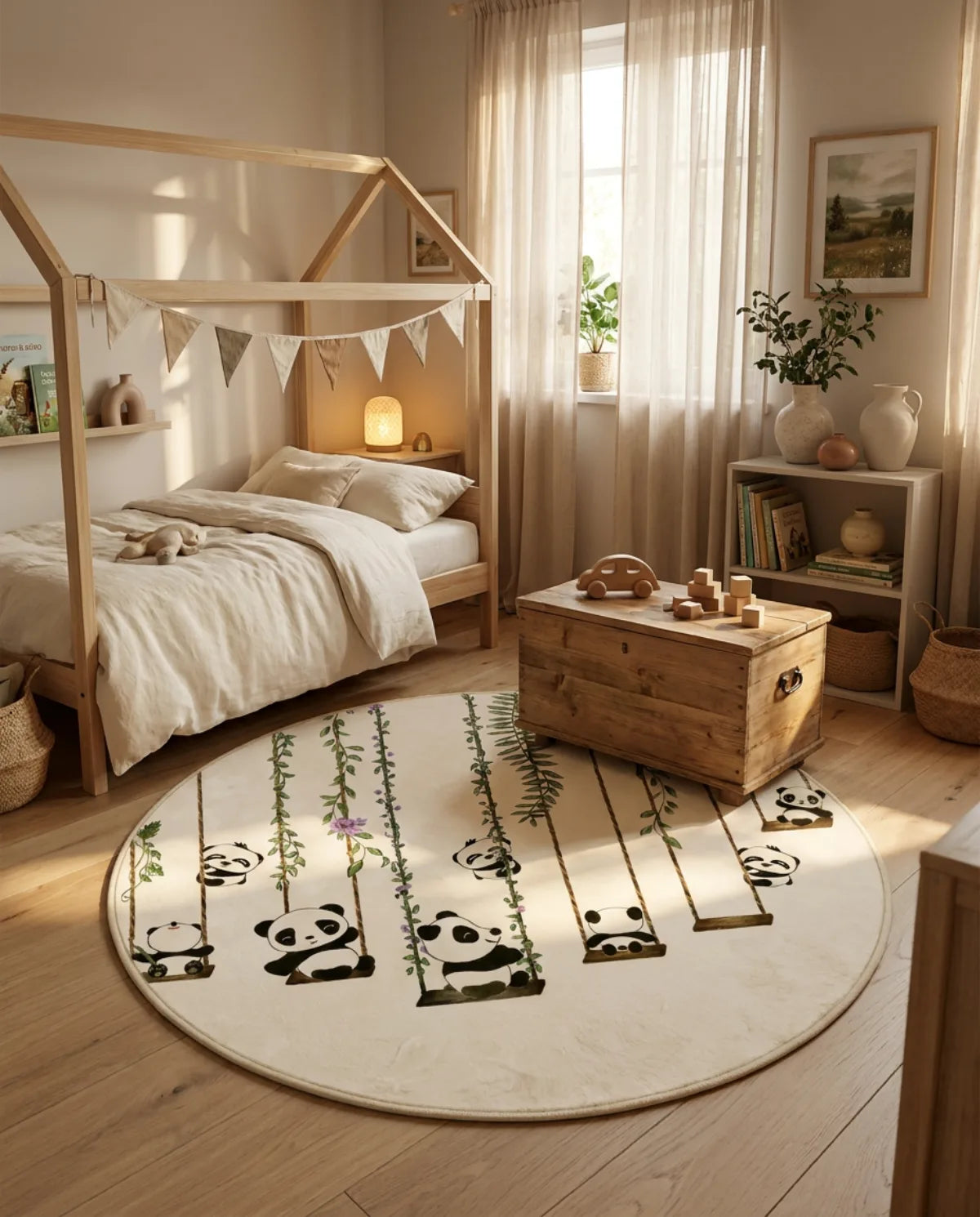 Tapis rond enfant pandas bambou au pied d'un lit cabane, coffre à jouets posé dessus