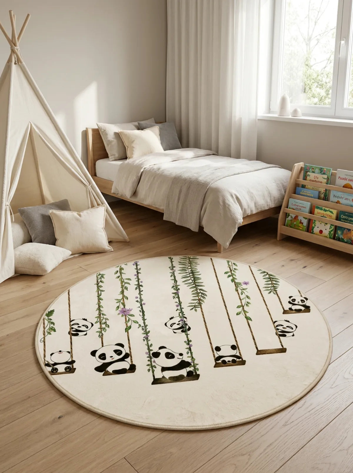 Tapis rond enfant pandas bambou dans une chambre d'enfant