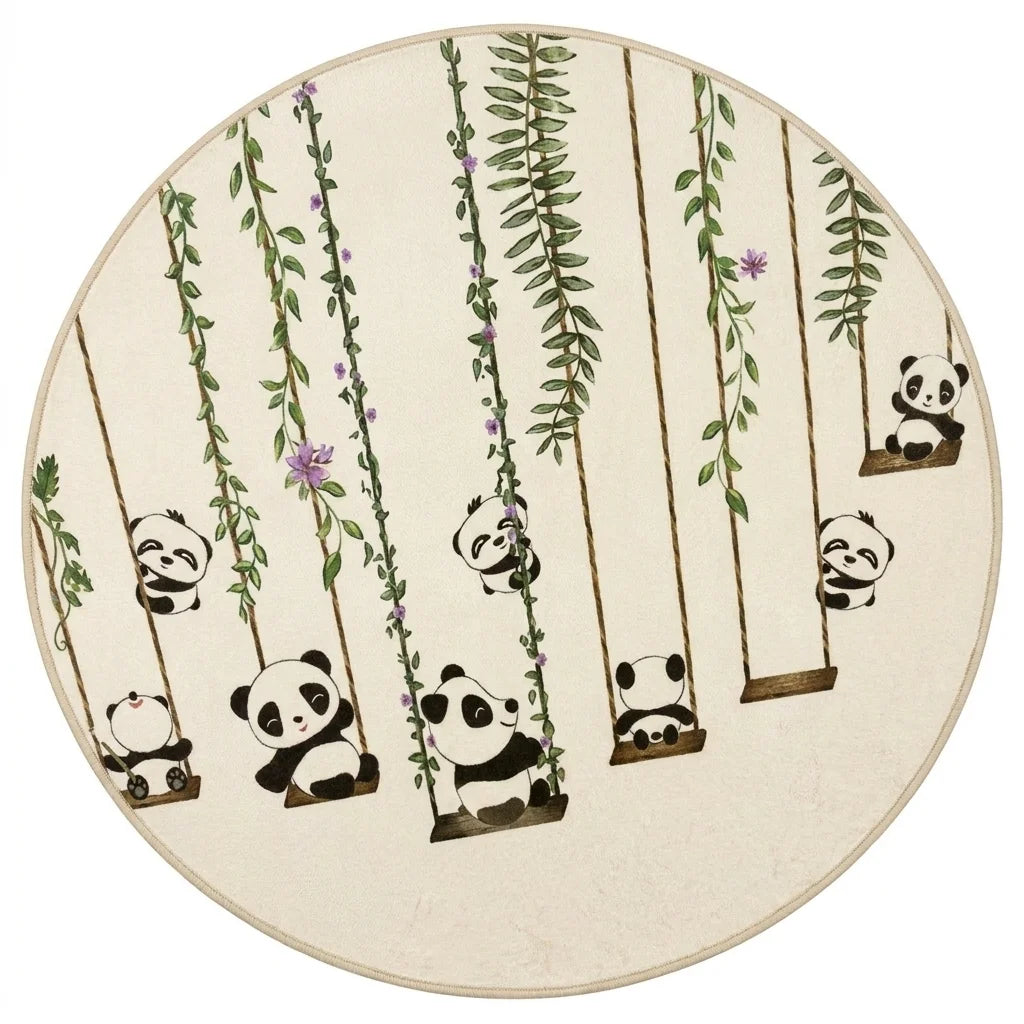 Vue studio du tapis rond enfant pandas bambou sur fond blanc, motif net cartoon kawaii