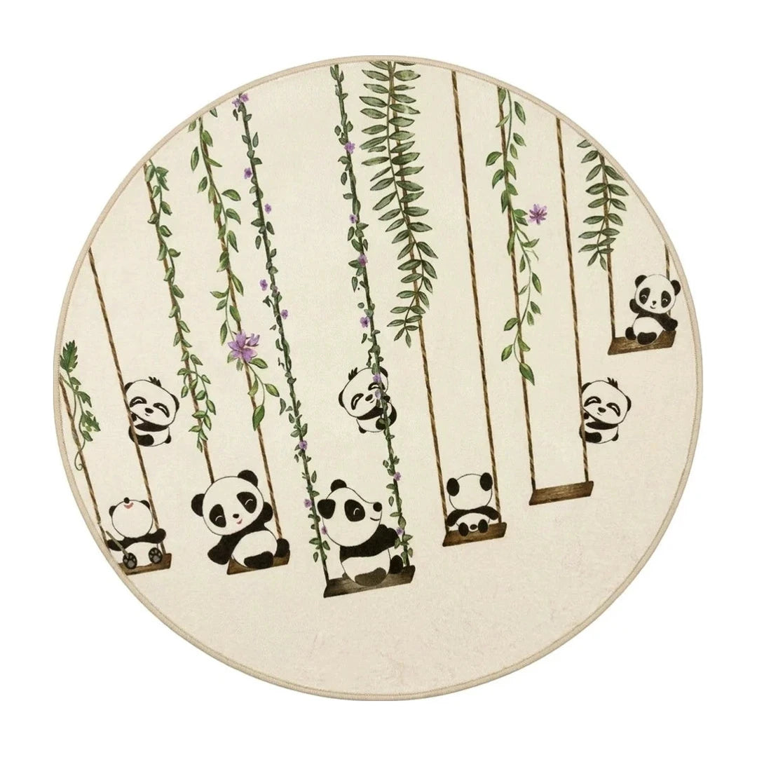 tapis-rond-enfant-pandas-bambou, vue de dessus sur fond blanc