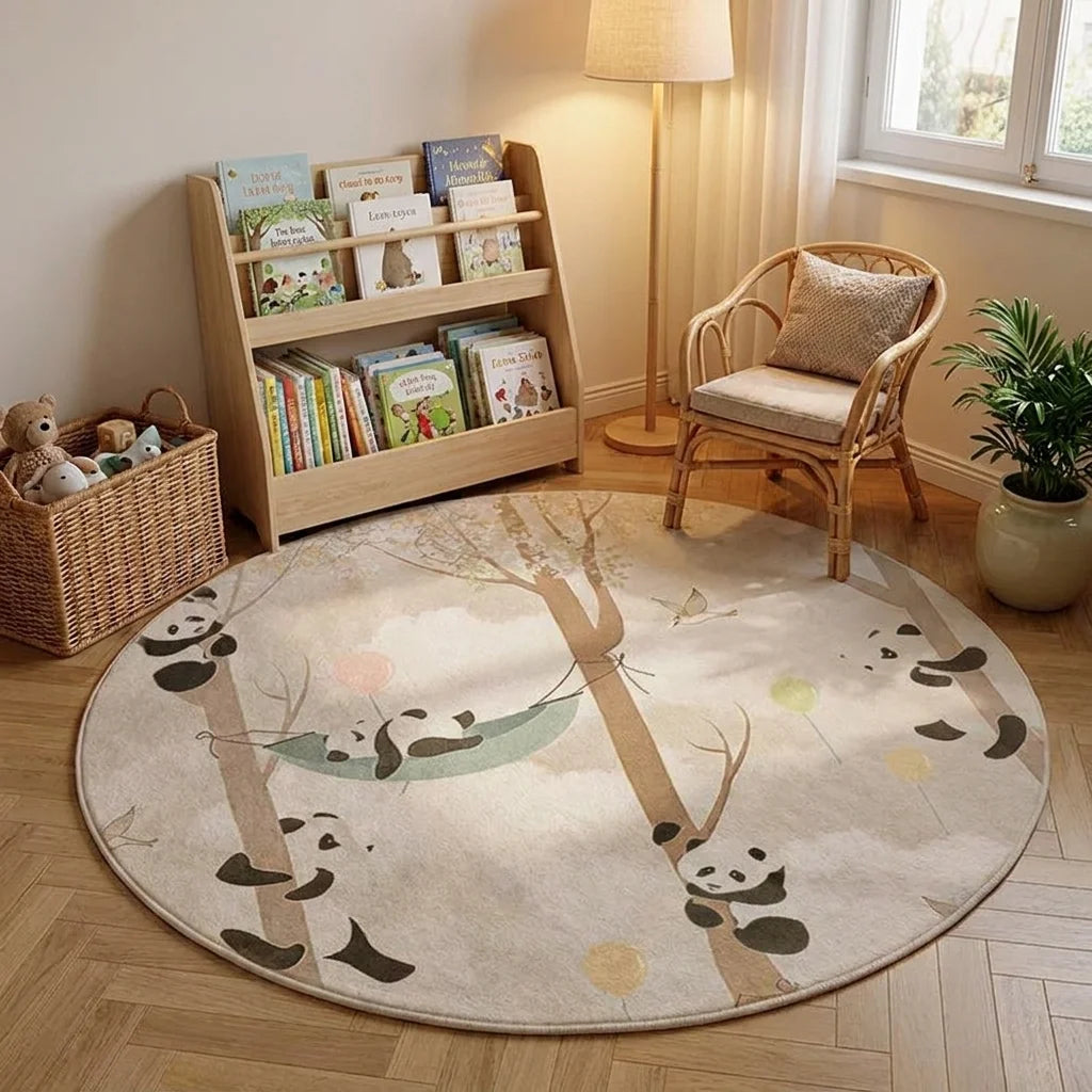 Tapis rond enfant pandas forêt dans un coin lecture avec bibliothèque basse et fauteuil rotin