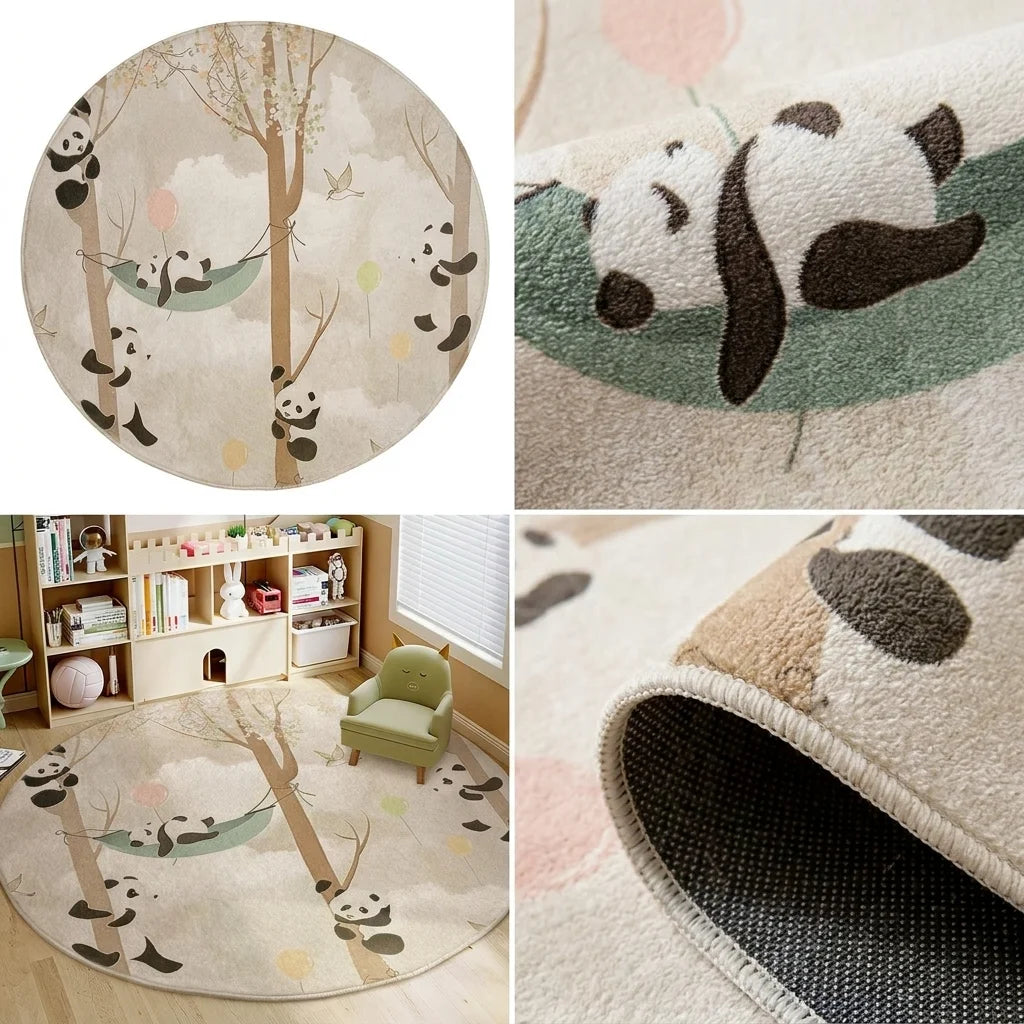 Composition de quatre vues du tapis rond enfant pandas forêt : studio, motif, scène, texture