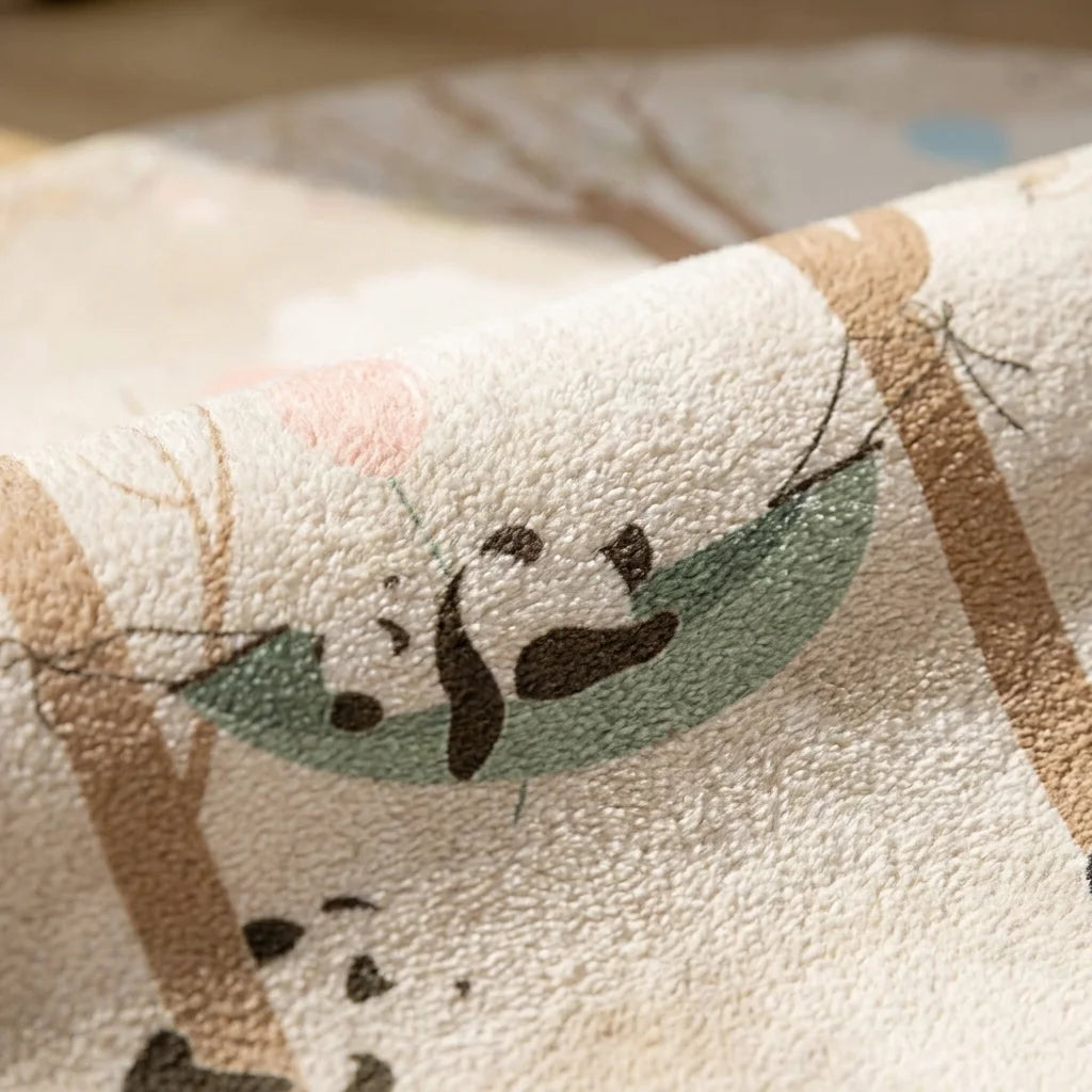 Macro de la peluche du tapis rond enfant pandas forêt, détail du motif et de la texture