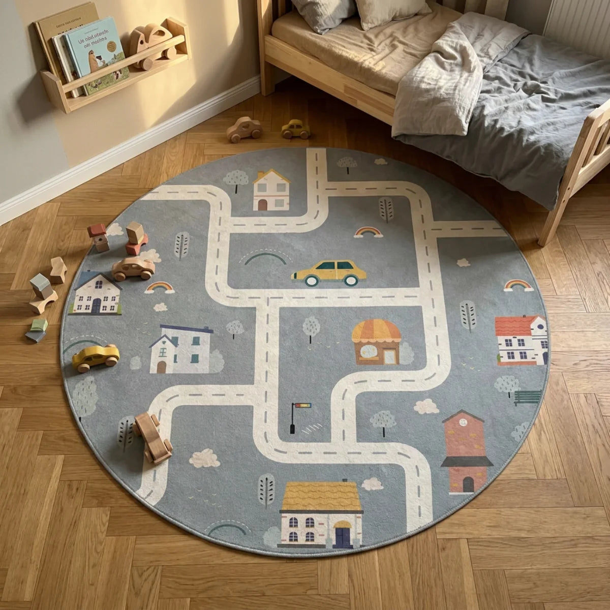 Tapis rond enfant route village gris posé dans une chambre d'enfant