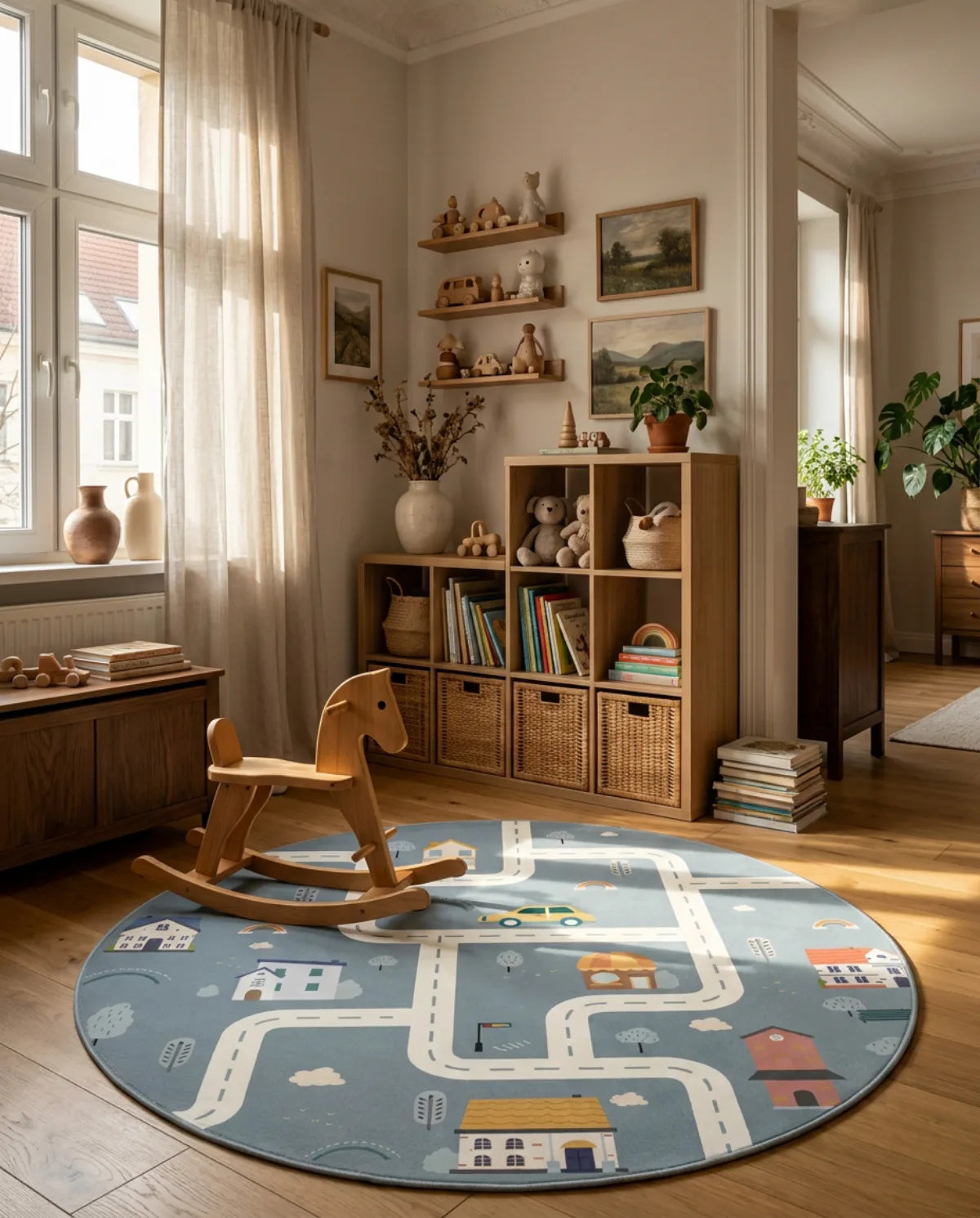 Tapis rond enfant route village gris dans une chambre d'enfant, cheval à bascule posé dessus