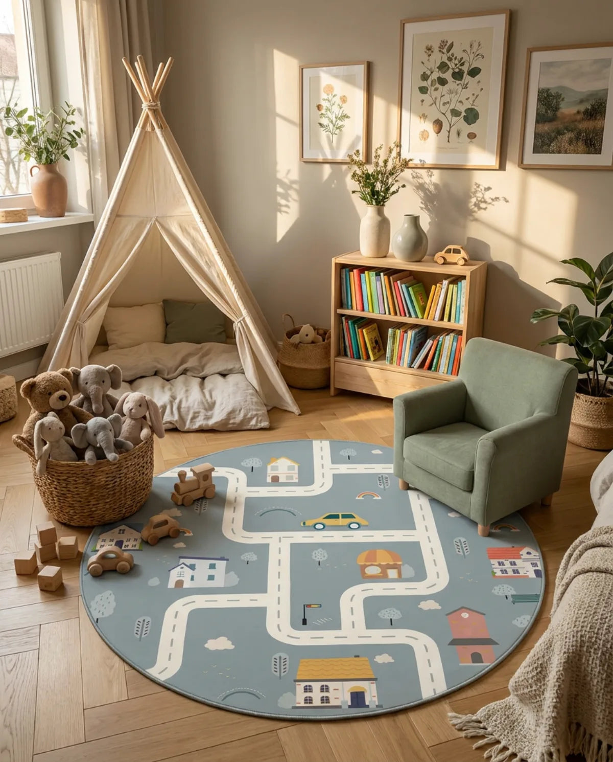 Tapis rond enfant route village gris dans un coin lecture avec tipi et fauteuil enfant