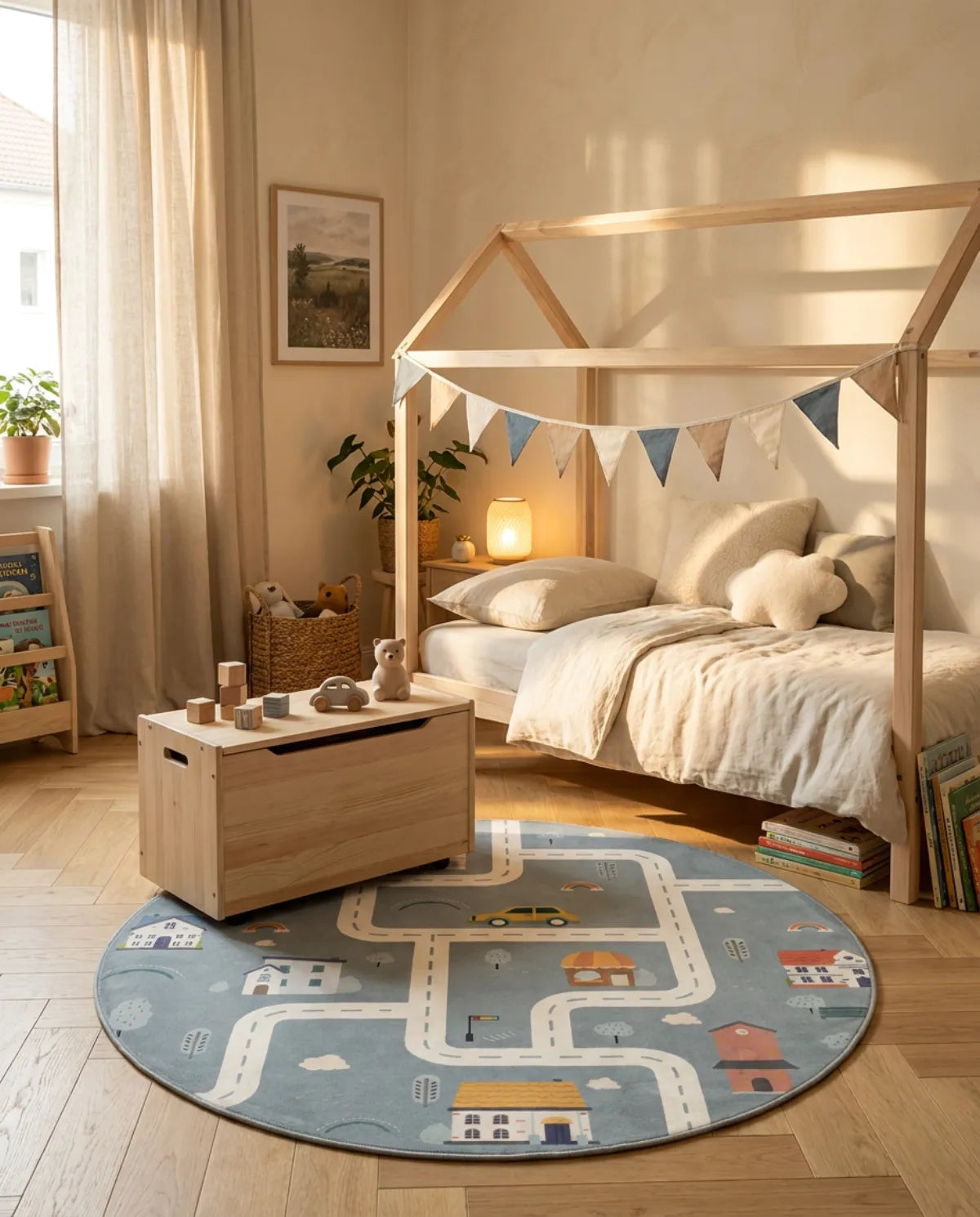 Tapis rond enfant route village gris au pied d'un lit cabane, coffre à jouets posé dessus