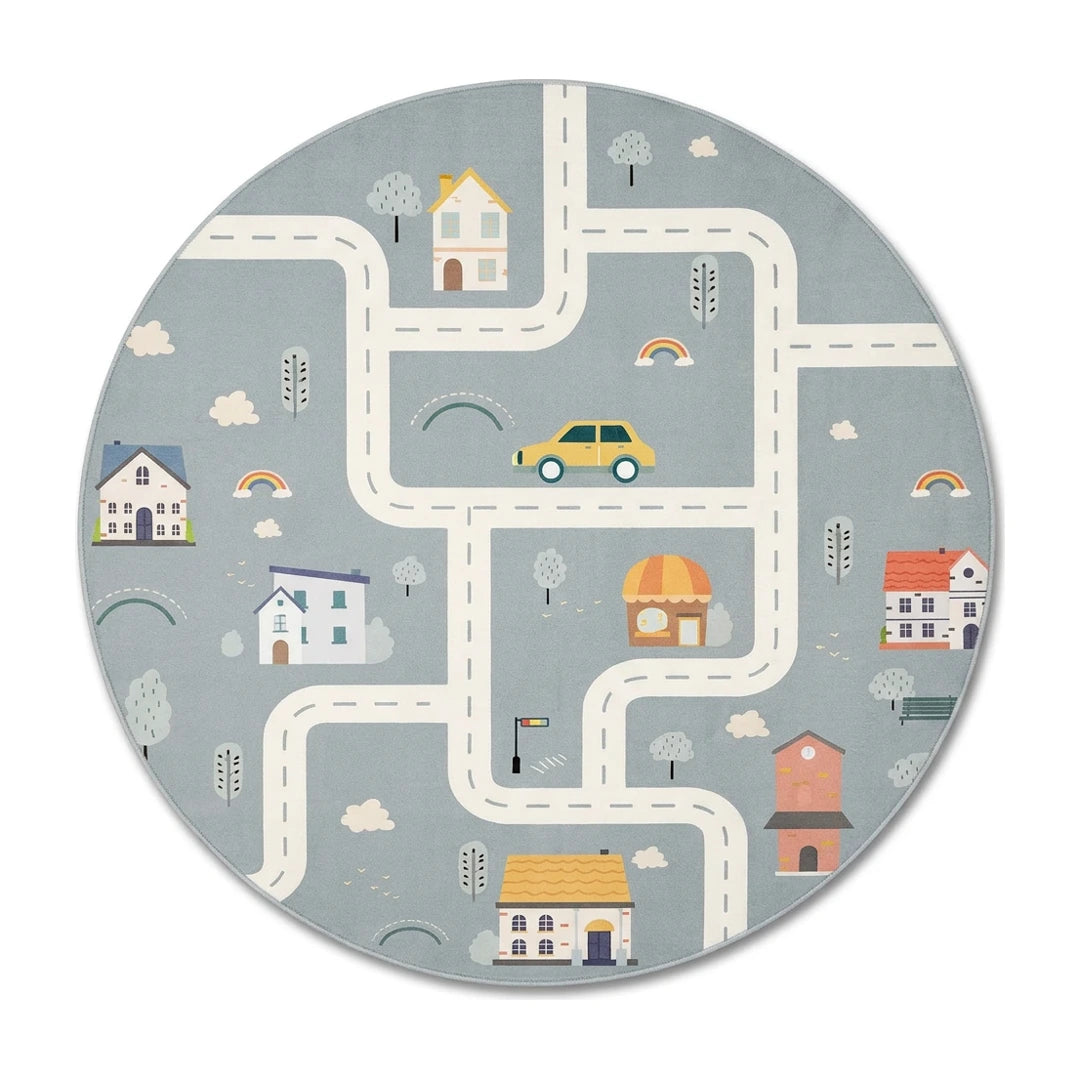 Tapis rond enfant route village gris, vue de dessus sur fond blanc
