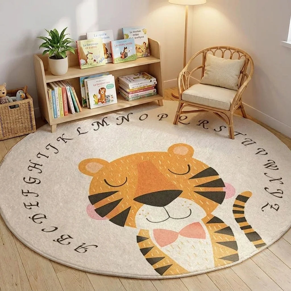 Tapis rond enfant tigre alphabet dans un coin lecture avec bibliothèque basse et fauteuil rotin