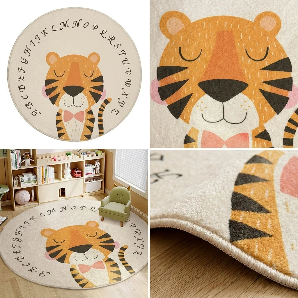 Composition de quatre vues du tapis rond enfant tigre alphabet : studio, motif, scène, texture