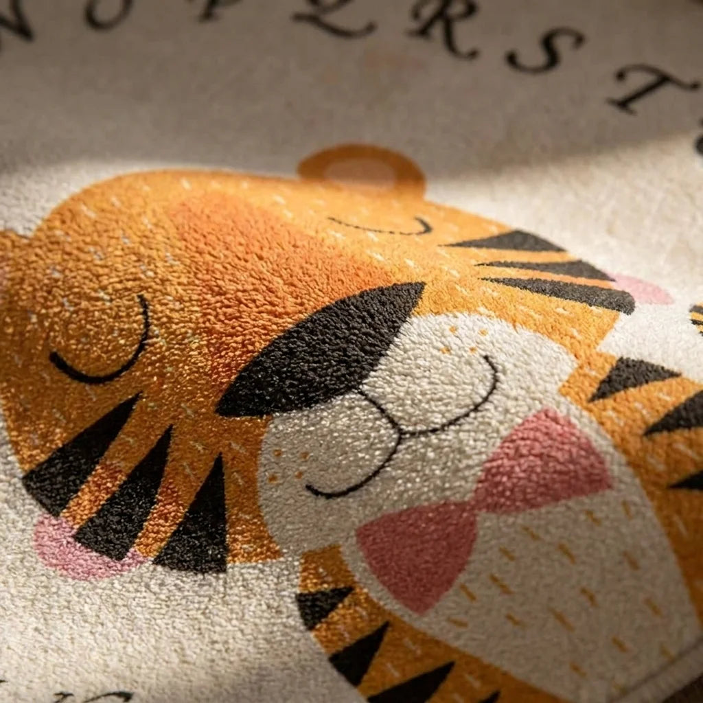 Macro de la peluche du tapis rond enfant tigre alphabet, détail du motif et de la texture