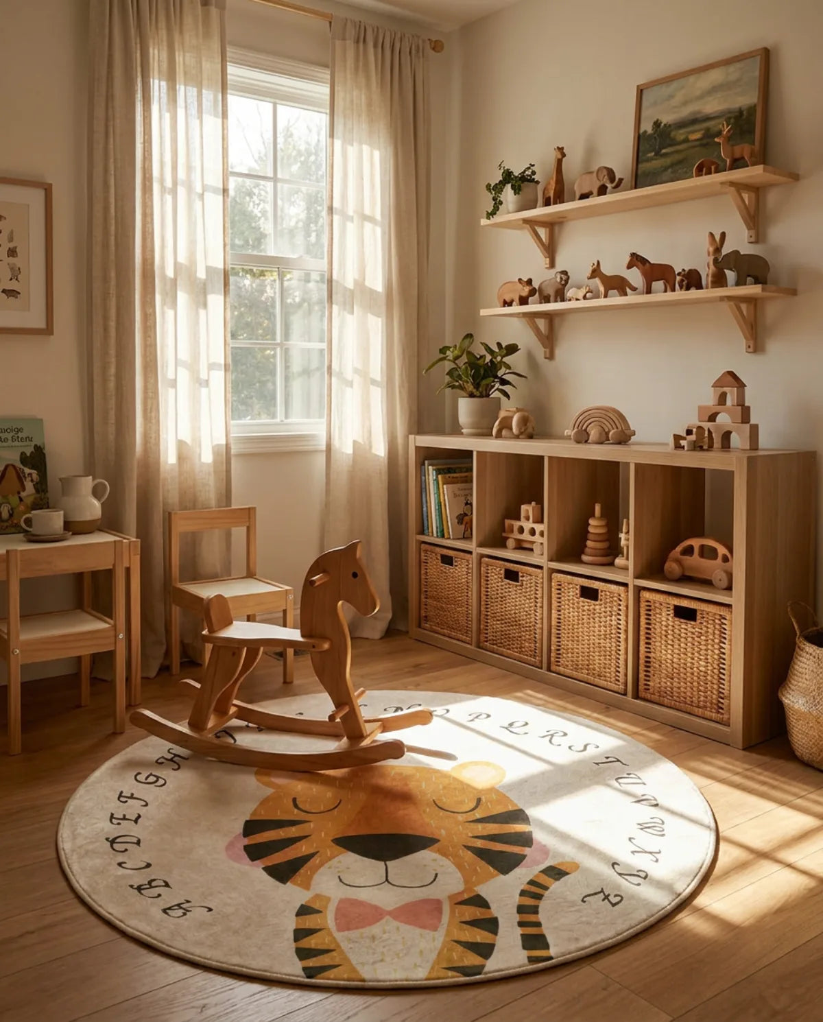 Tapis rond enfant tigre alphabet dans une chambre d'enfant, cheval à bascule posé dessus