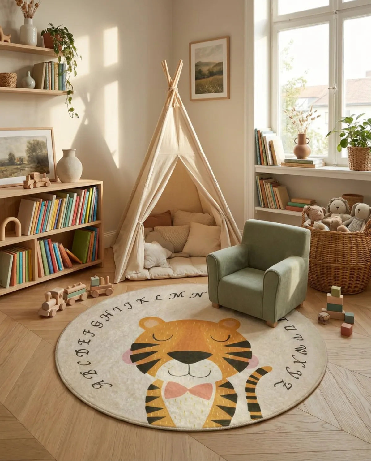 Tapis rond enfant tigre alphabet dans un coin lecture avec tipi et fauteuil enfant
