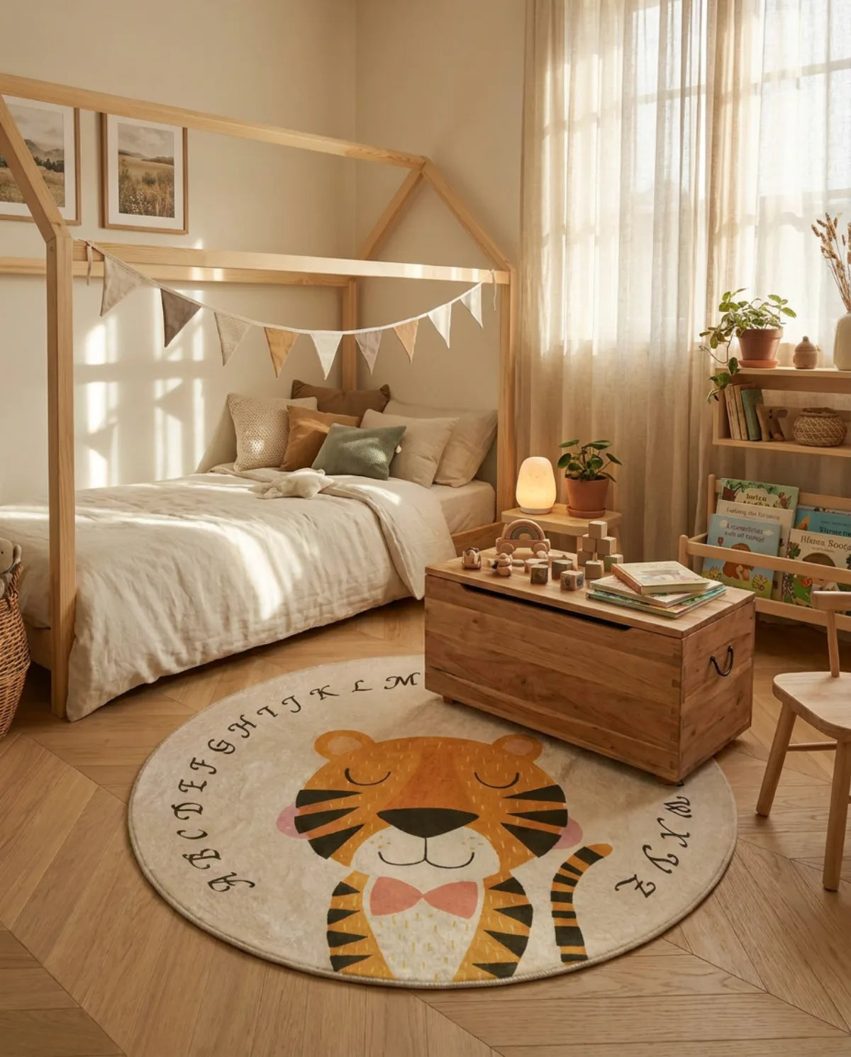 Tapis rond enfant tigre alphabet au pied d'un lit cabane, coffre à jouets posé dessus