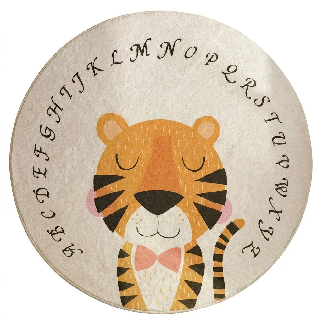 Vue studio du tapis rond enfant tigre alphabet sur fond blanc, motif net cartoon kawaii