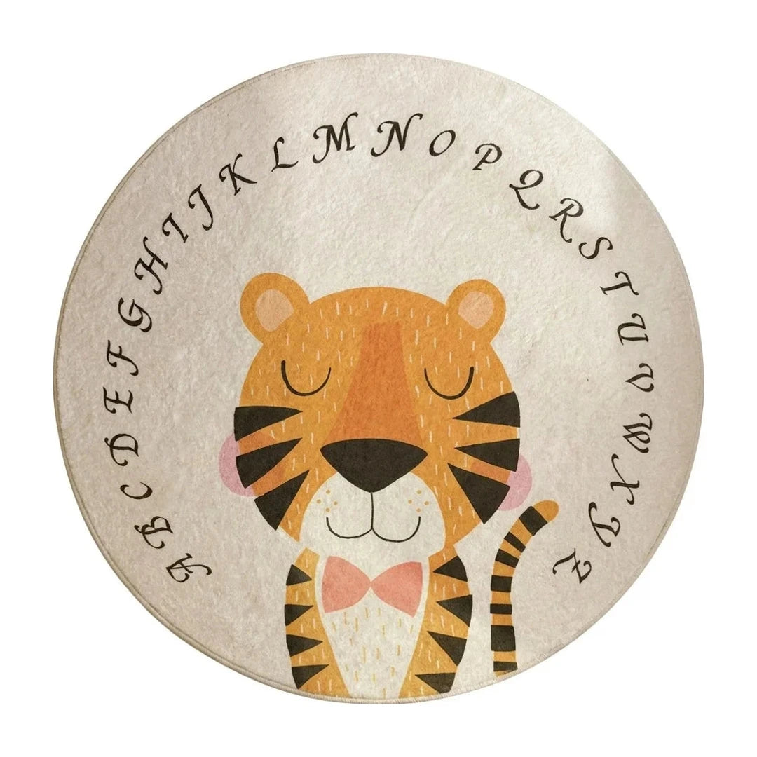 tapis-rond-enfant-tigre-alphabet, vue de dessus sur fond blanc