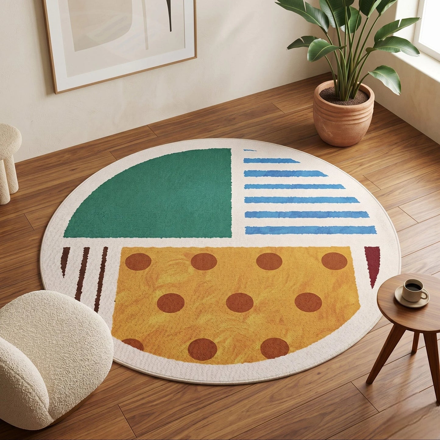 Vue d'angle du tapis rond géométrique abstrait multicolore