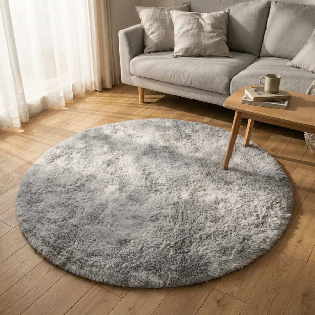 Tapis rond gris poil long posé dans un salon