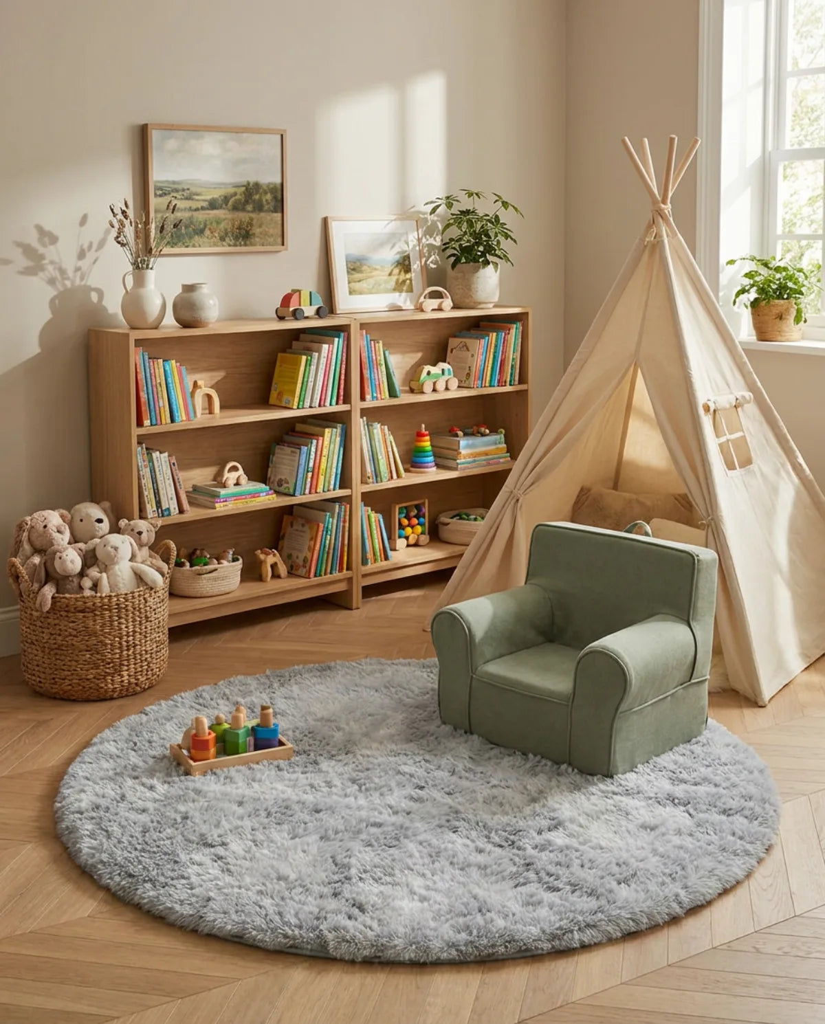 Tapis rond gris poil long dans un coin lecture avec tipi et fauteuil enfant