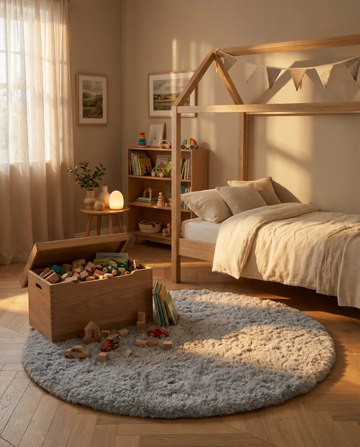 Tapis rond gris poil long au pied d'un lit cabane, coffre à jouets posé dessus