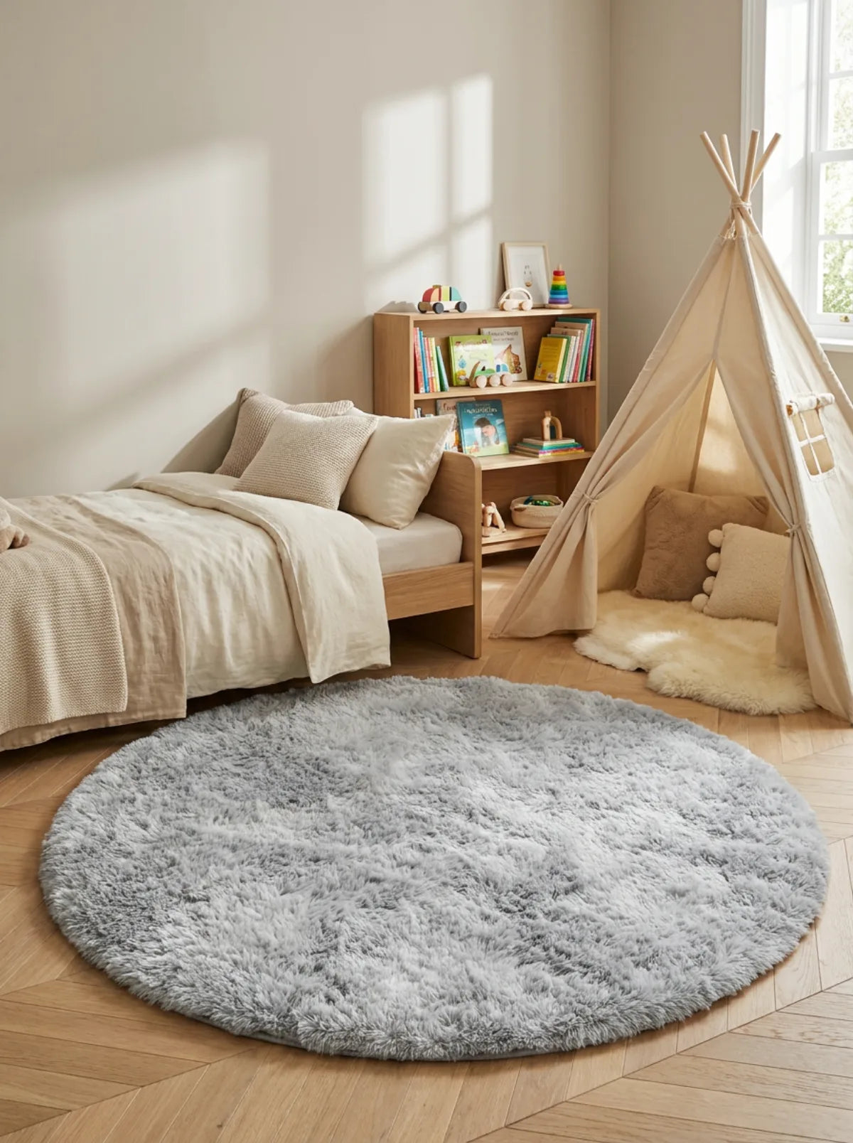 Tapis rond gris poil long dans une chambre d'enfant