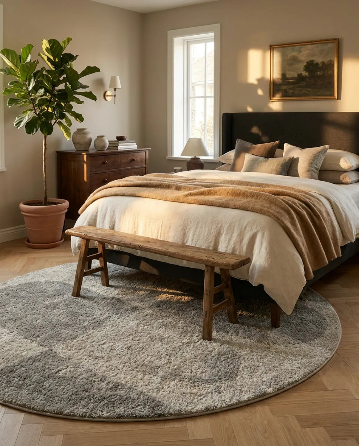 Tapis rond gris tracé organique dépassant sous le lit, banc en bois posé dessus