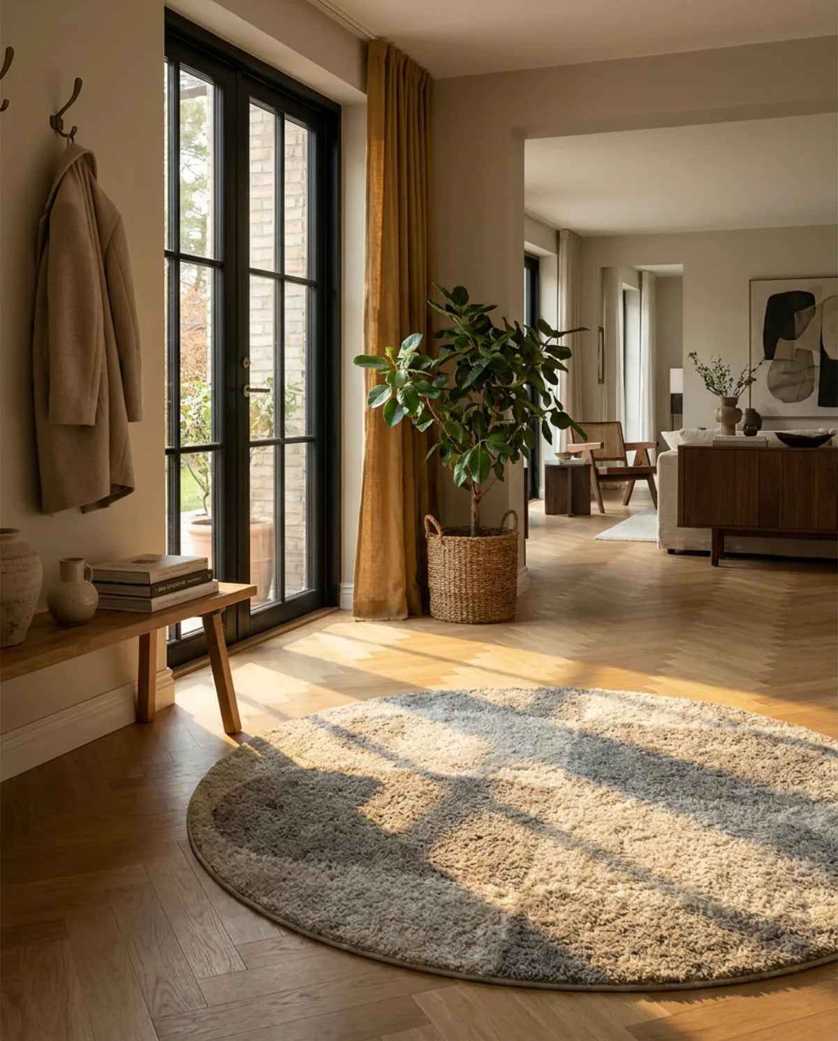 Tapis rond gris tracé organique dans une entrée au soleil, devant une porte vitrée
