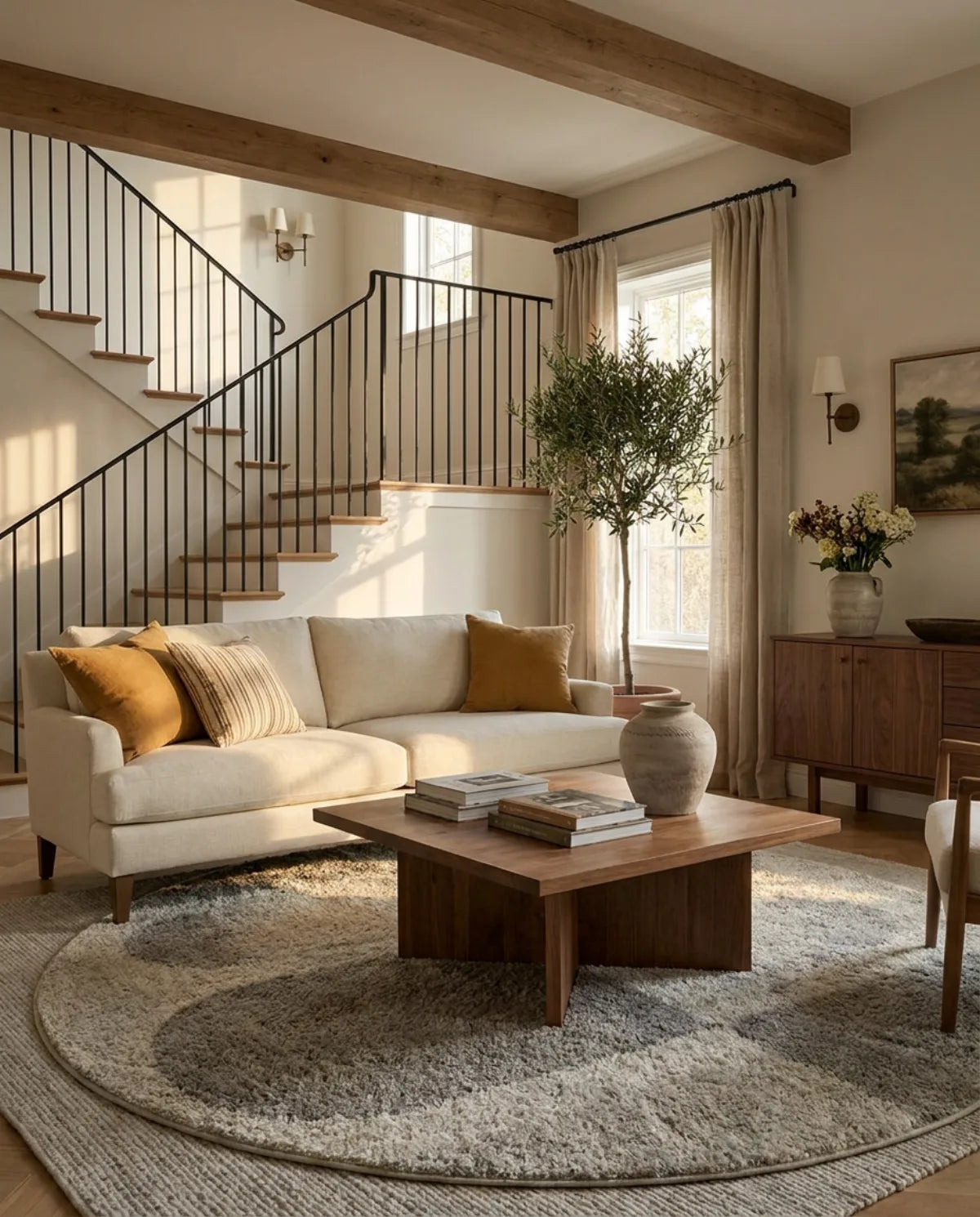 Tapis rond gris tracé organique sous une table basse en bois, dans un grand salon avec escalier