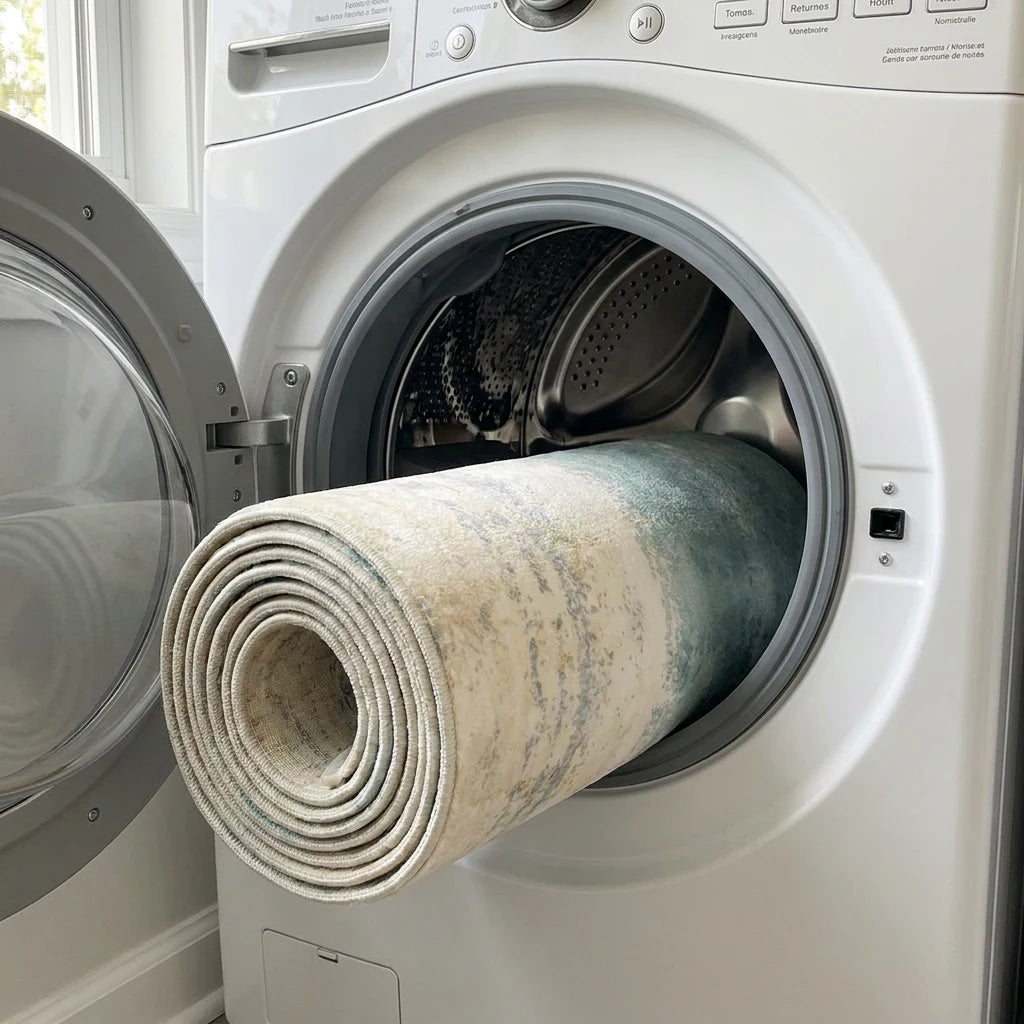 Tapis rond écru aqua roulé dans le tambour de la machine à laver, cycle délicat