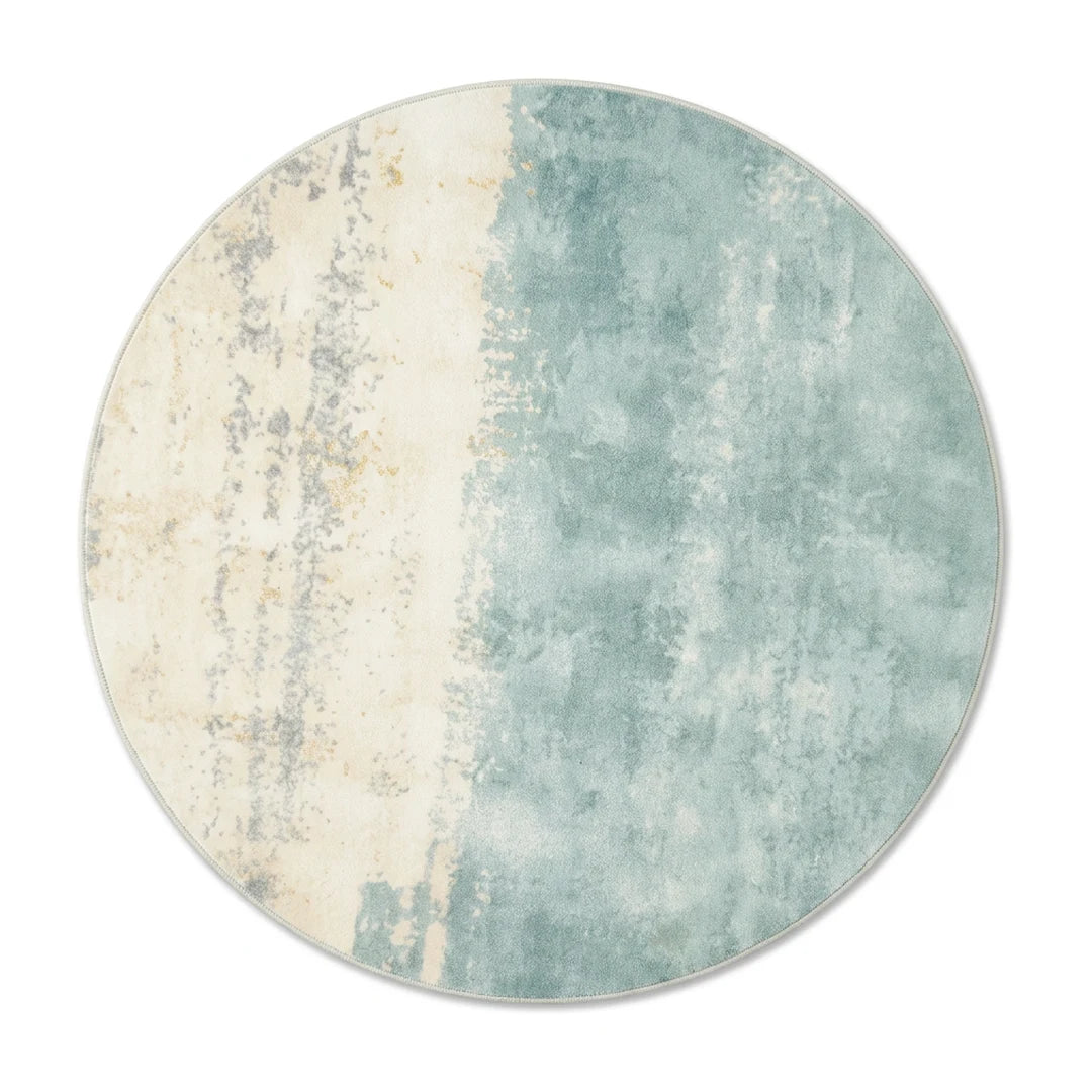 Tapis rond écru aqua vu de dessus sur fond blanc