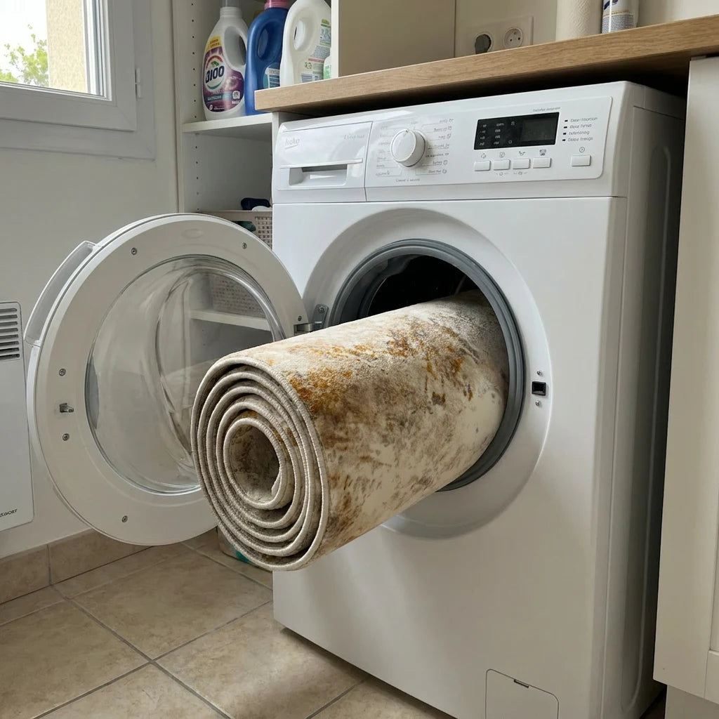 Tapis rond écru doré roulé dans le tambour de la machine à laver, cycle délicat
