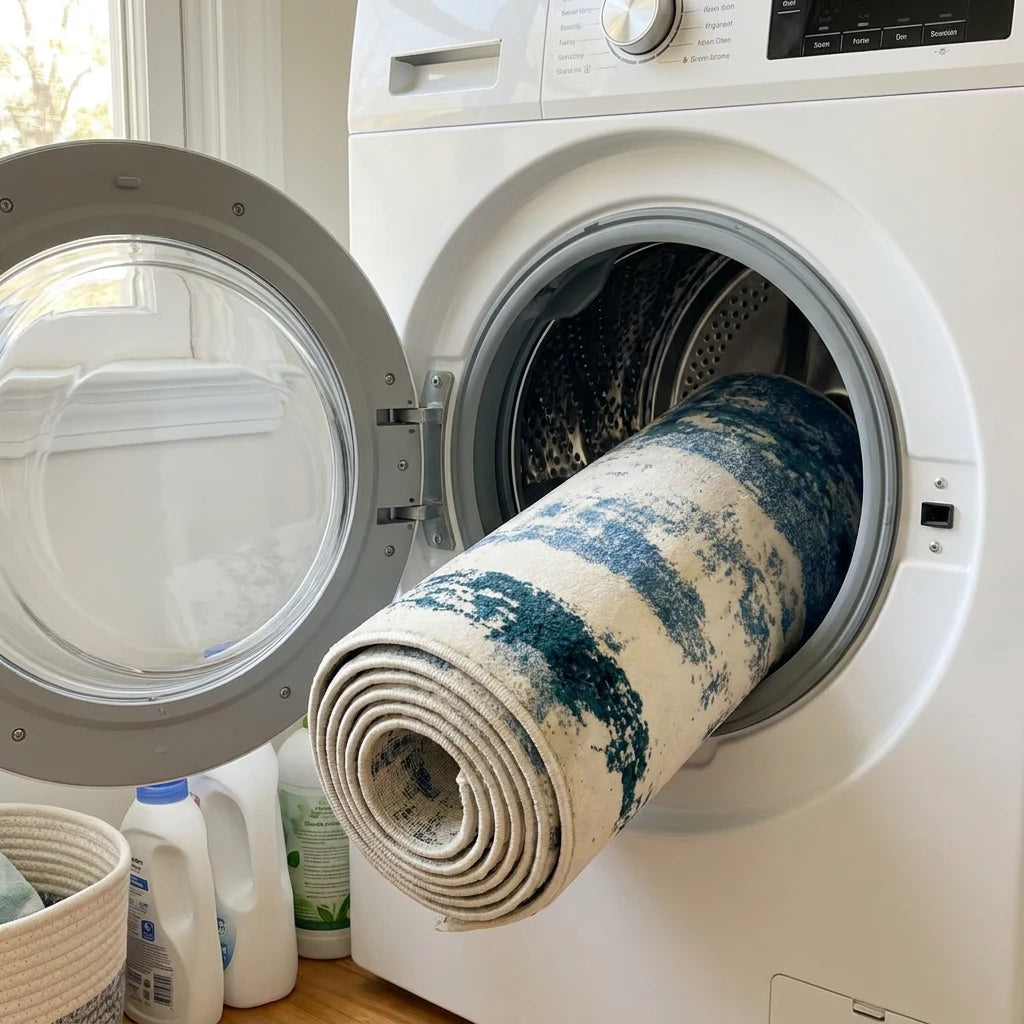 Tapis rond écru indigo roulé dans le tambour de la machine à laver, cycle délicat