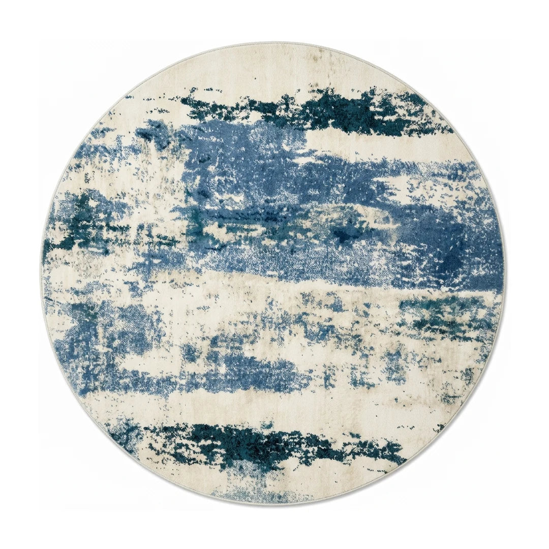 Tapis rond écru indigo vu de dessus sur fond blanc