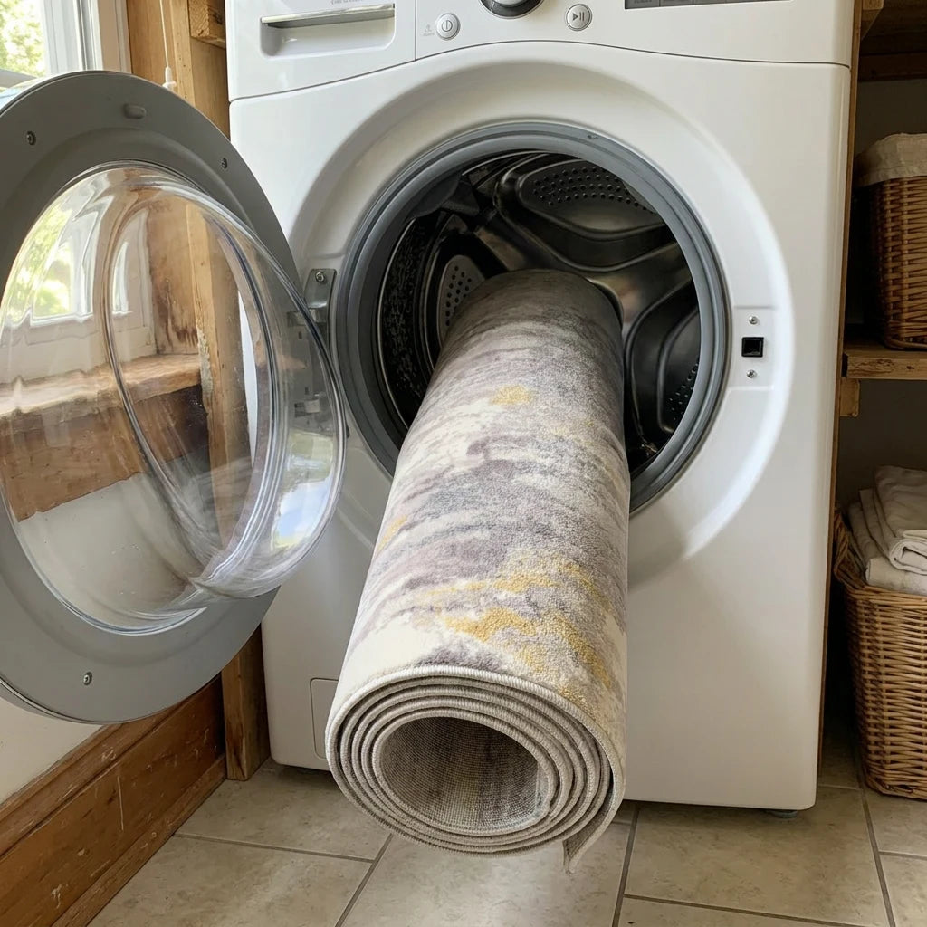 Tapis rond écru moutarde roulé dans le tambour de la machine à laver, cycle délicat