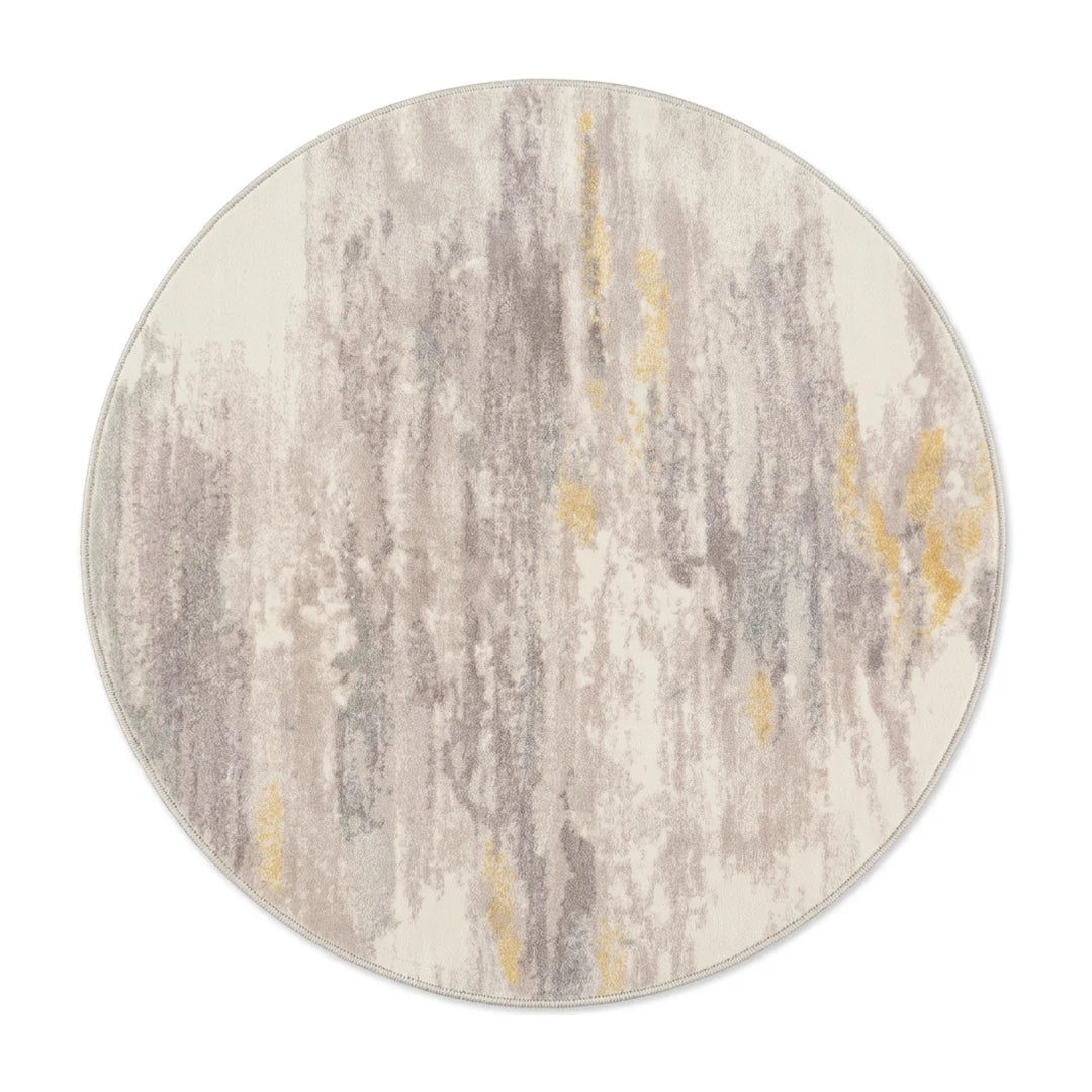 Tapis rond écru moutarde vu de dessus sur fond blanc