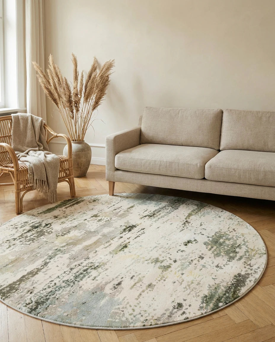 Tapis rond écru nuancé dans une pièce en situation