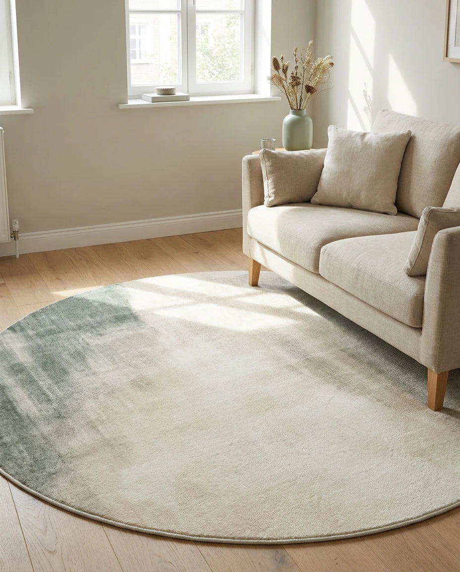 Tapis rond écru sauge dans une pièce en situation