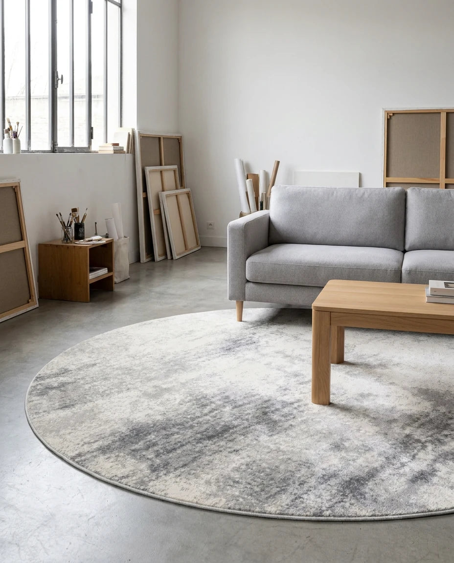 Tapis rond gris effet béton dans un salon, vue en situation