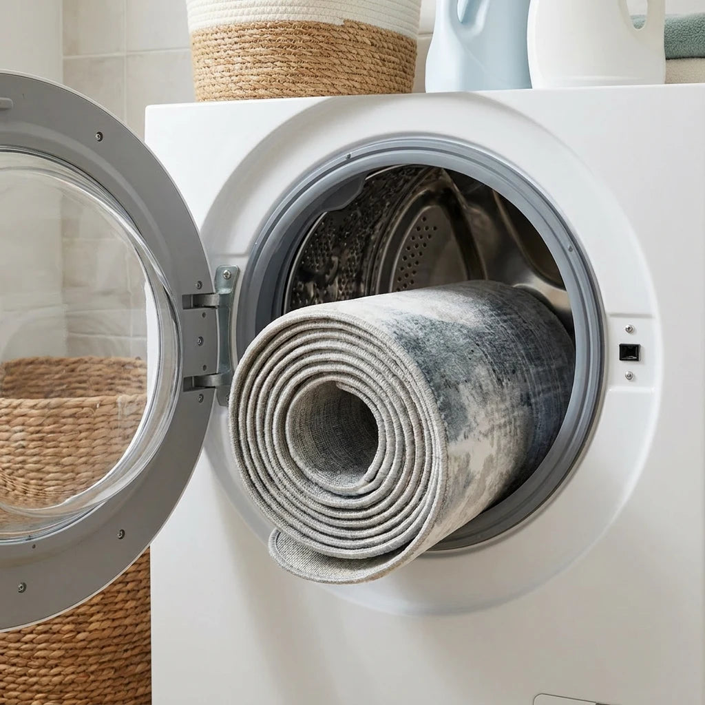 Tapis rond gris bleuté roulé dans le tambour de la machine à laver, cycle délicat