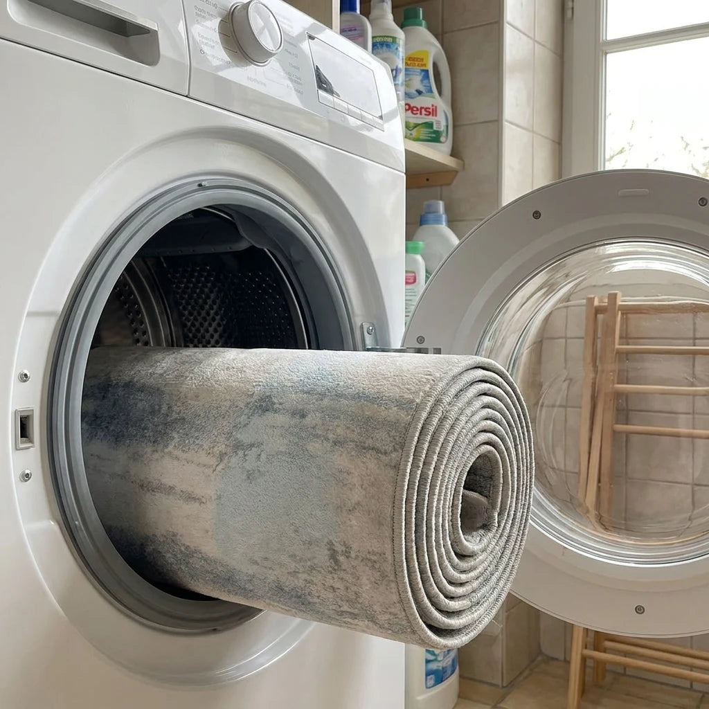 Tapis rond gris brume roulé dans le tambour de la machine à laver, cycle délicat