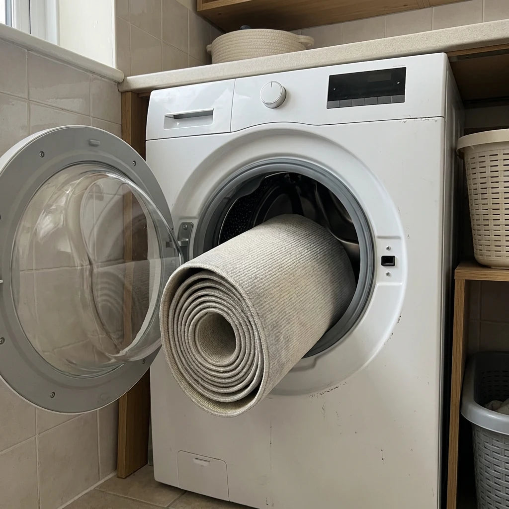 Tapis rond gris chiné roulé dans le tambour de la machine à laver, cycle délicat